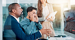 Anxiety, collaboration and computer with business people in office together for crisis, fail or mistake. Accident, loss and stress with corporate employee team in professional workplace for review
