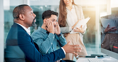 Buy stock photo Anxiety, collaboration and computer with business people in office together for crisis, fail or mistake. Accident, loss and stress with corporate employee team in professional workplace for review