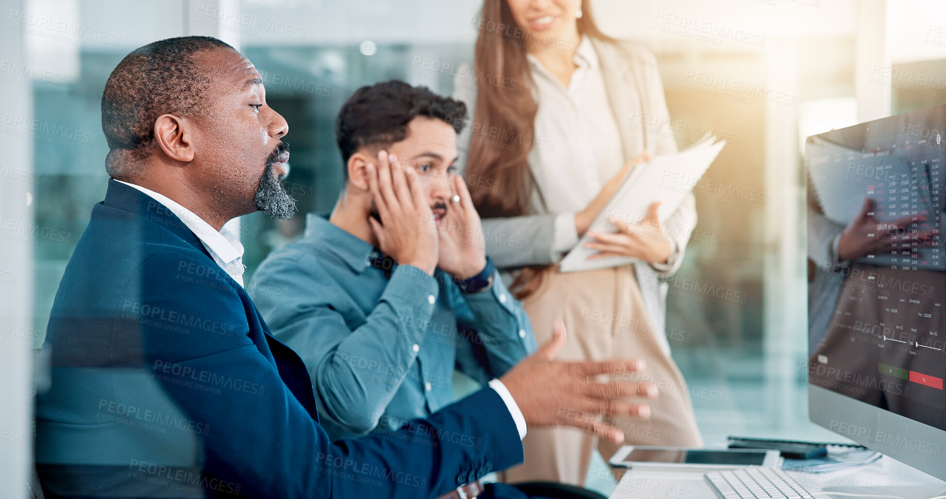 Buy stock photo Anxiety, collaboration and computer with business people in office together for crisis, fail or mistake. Accident, loss and stress with corporate employee team in professional workplace for review