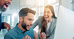 Business people, cheering and laptop in office, computer and email with positive feedback. Group, employee and consulting agency with pc, celebration and achievement with smile, victory and promotion