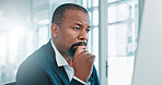 Thinking, computer and black man in office with business research, ideas and brainstorming for risk management. Professional, finance and mature businessman with online problem solving on website