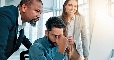 Buy stock photo Collaboration, computer and stress with business people in office together for crisis, fail or mistake. Accident, anxiety and loss with corporate employee team in professional workplace for review