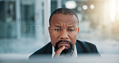 Buy stock photo Thinking, computer and black man in office with research, online ideas and brainstorming for risk management. Professional, finance and mature businessman with entrepreneur problem solving on website