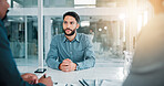 Business, man and hr for job interview in office for recruitment, hiring process and negotiation. People, meeting and questions with candidate, information and corporate offer for vacancy onboarding