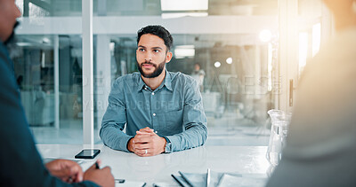 Buy stock photo Business, man and hr for job interview in office for recruitment, hiring process and negotiation. People, meeting and questions with candidate, information and corporate offer for vacancy onboarding