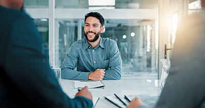 Buy stock photo Job interview, meeting and businessman with CV in office for recruitment, opportunity or onboarding. Discussion, human resources and candidate with hiring process with vacancy for career growth.