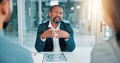 Buy stock photo Job interview, discussion and mature businessman in office for recruitment, opportunity or onboarding. Meeting, human resources and candidate with hiring process with vacancy for career growth.