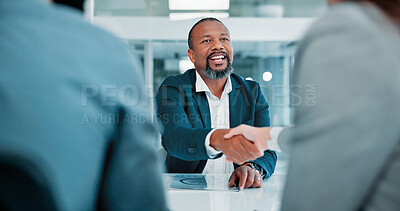 Buy stock photo Business, man and handshake for interview in office for welcome, partnership and recruitment success. People, shaking hands and deal for hiring offer, agreement and congratulations of job negotiation