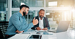 Training, employee and mentor with notes, office and listening to results of media campaign and serious. Meeting, men and discussion for marketing strategy for company, laptop and info for trends