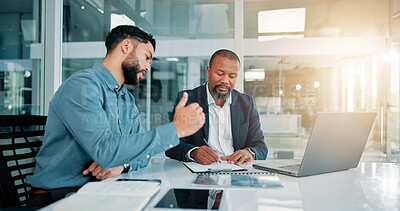 Buy stock photo Training, employee and mentor with notes, office and listening to results of media campaign and serious. Meeting, men and discussion for marketing strategy for company, laptop and info for trends