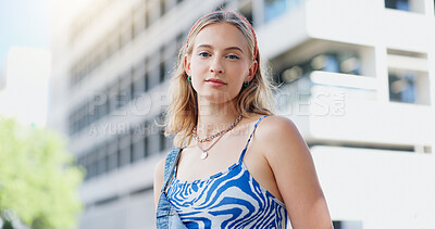 Buy stock photo Fashion, outdoor and portrait of woman in city for streetwear,  trendy or gen z clothes. Confident, cool and face of female person from London with casual, cool or stylish outfit in urban town.
