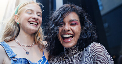 Buy stock photo Friends, women and portrait with fashion in city with streetwear style, trendy clothes or casual outfit. Gen z, happy people or bonding with confidence, laughing or low angle on weekend break in town
