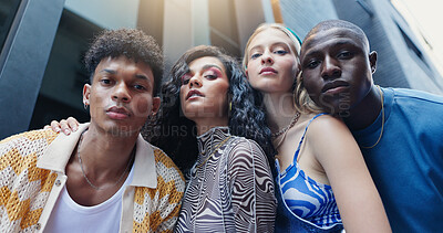 Buy stock photo Portrait, fashion and people in city, below and gen z with confidence, urban town and trendy clothes. Face, student group and friends in street, stylish outfit and bonding with low angle or diversity