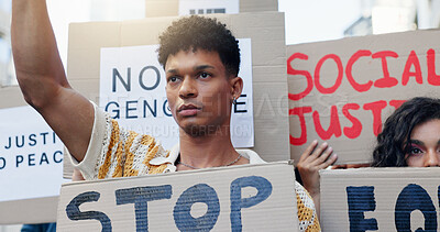 Buy stock photo Protest, man and people with poster outdoor for social justice, economic change and stop genocide with solidarity. Group, march and cardboard in city for peaceful rally, human rights and equality