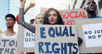 Buy stock photo Protest, group and fist with poster in city for equal rights rally, economic change or social justice with community. People, solidarity and board in urban town for demonstration, freedom or activism