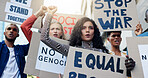 Protest, people and fist with poster outdoor to stop war, equal rights rally and social justice with community. Group, solidarity and cardboard in city for demonstration, freedom and change movement