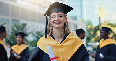 Buy stock photo Happy, woman and portrait of graduate in city for education goal, qualification or achievement. Smile, outdoor and university student with pride for college degree with learning at campus in town.