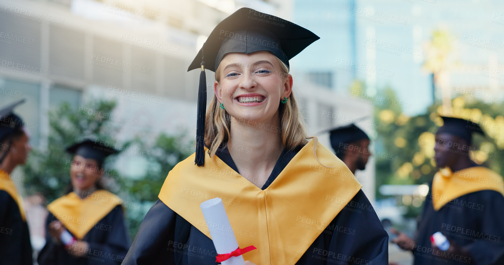 Buy stock photo Happy, woman and portrait of graduate in city for education goal, qualification or achievement. Smile, outdoor and university student with pride for college degree with learning at campus in town.