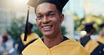 Smile, man and portrait of graduate in city for education goal, qualification or achievement. Happy, outdoor and male university student with pride for college degree with learning at campus in town.