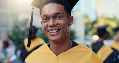 Buy stock photo Smile, man and portrait of graduate in city for education goal, qualification or achievement. Happy, outdoor and male university student with pride for college degree with learning at campus in town.