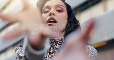 Buy stock photo Hands, frame and portrait of woman in city with confidence for style, trendy and cool outfit. Creative influencer, perspective and face of person in urban town for fashion, aesthetic and cosmetics