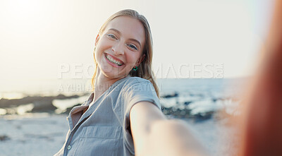 Buy stock photo Beach, selfie and woman with smile, travel and influencer with profile picture, excited and ocean. Happy, person and seaside with tropical island, social media and content creator with summer holiday