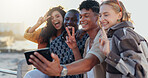 Friends, group and selfie with peace sign at beach for social media post, travel adventure and profile picture update. Happy, people and photography on weekend trip with bonding, support and memory