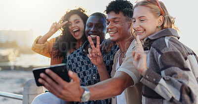 Buy stock photo Friends, group and selfie with peace sign at beach for social media post, travel adventure and profile picture update. Happy, people and photography on weekend trip with bonding, support and memory