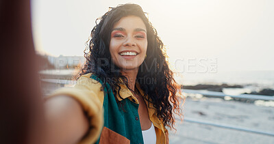 Buy stock photo Beach, selfie and woman with smile, vacation and travel with profile picture, excited and ocean. Portrait, happy person and seaside with traveller, social media and influencer with summer holiday