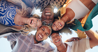 Buy stock photo Happy people, friends and below with huddle for teamwork, community or support under blue sky background. Low angle, portrait or group with smile or hug in circle for solidarity, unity or trust