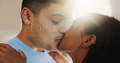 Buy stock photo Kiss, love and romance with couple in home together for morning affection, bonding or wake up. Safety, security or trust with man and woman in apartment for commitment, marriage or relationship