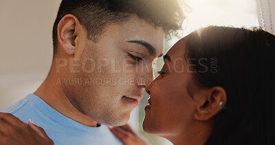 Buy stock photo Love, nose and romance with couple in home together for morning affection, bonding or wake up. Safety, security or smile with man and woman in apartment for commitment, marriage or relationship