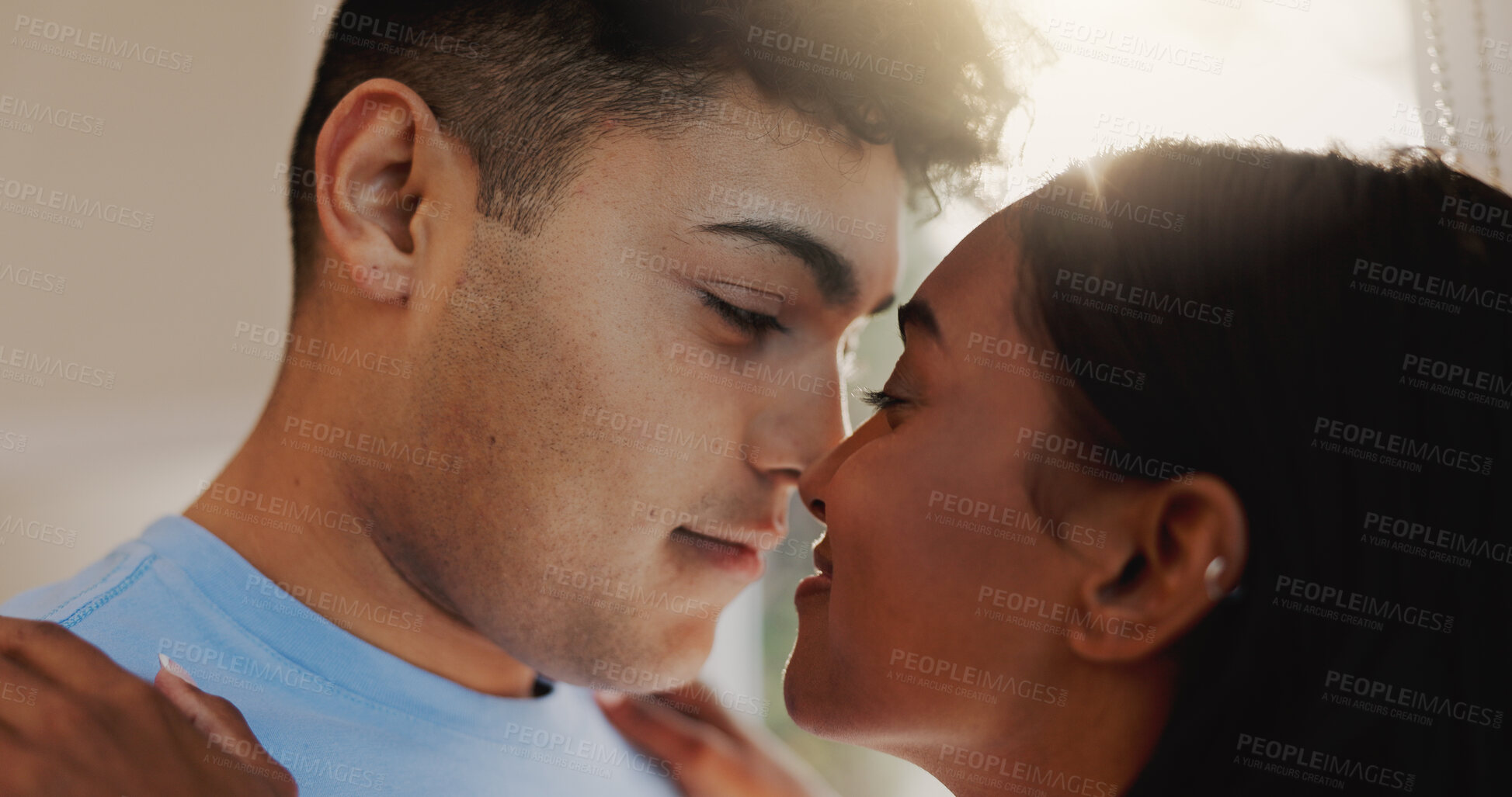 Buy stock photo Love, nose and romance with couple in home together for morning affection, bonding or wake up. Safety, security or smile with man and woman in apartment for commitment, marriage or relationship