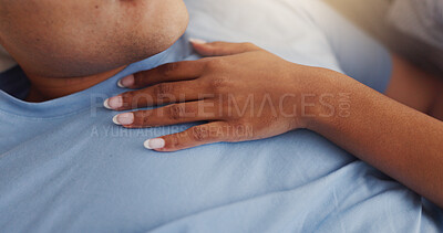 Buy stock photo Hands, touch and couple closeup for sleeping of intimacy, partner affection and connection in morning. People, nap and bed with embrace for care, romance and bonding with marriage commitment at house