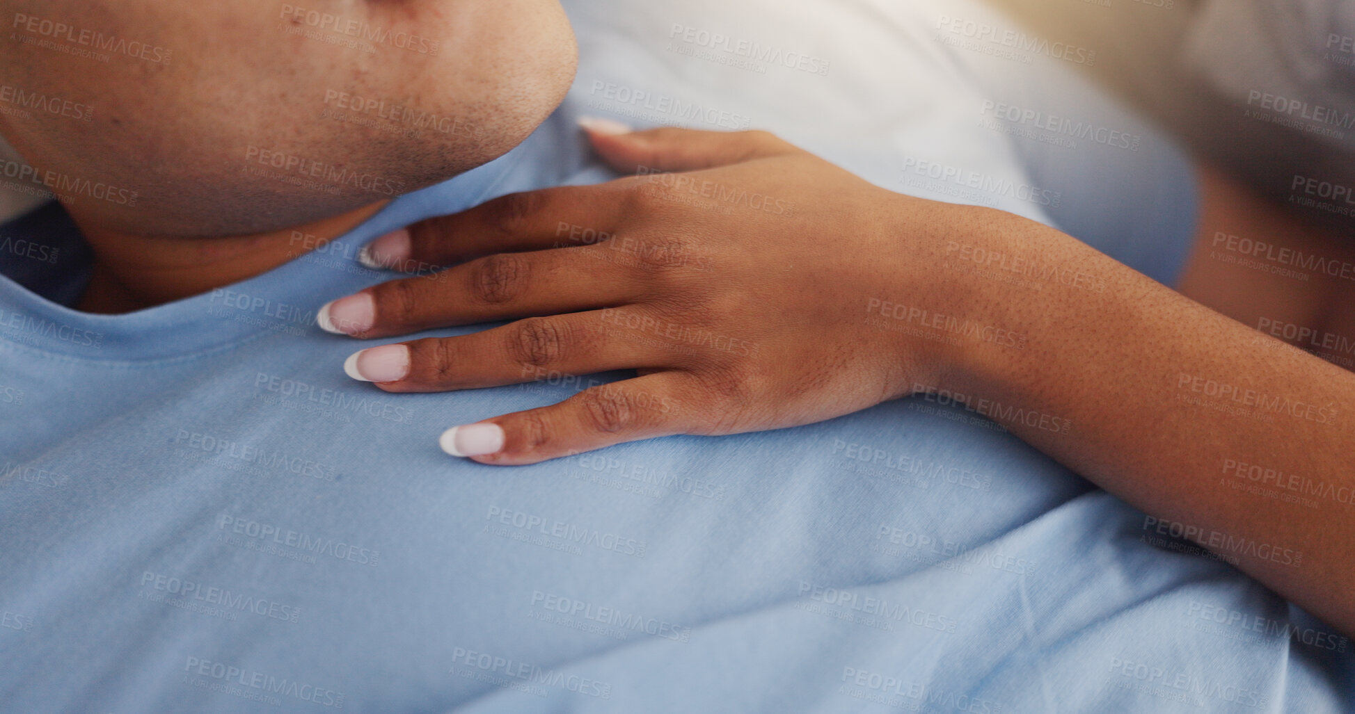 Buy stock photo Hands, touch and couple closeup for sleeping of intimacy, partner affection and connection in morning. People, nap and bed with embrace for care, romance and bonding with marriage commitment at house