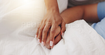 Buy stock photo Holding hands, love and couple sleeping on bed for intimacy, partner affection and connection. Closeup, people and cuddle with embrace for support, romance and bonding of marriage commitment at house