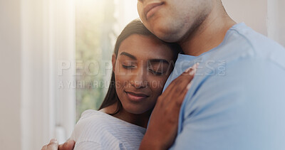 Buy stock photo Love, romance and safety with couple in home together for morning affection, bonding or wake up. Relax, security or trust with man and woman in apartment for commitment, marriage or relationship