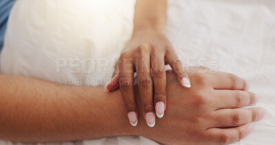 Buy stock photo Hands, touch and couple sleeping at house for intimacy, partner affection and connection in morning. Closeup, people and nap on bed with embrace for care, romance and bonding for marriage commitment