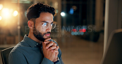 Buy stock photo Night, business and man in office, thinking and online reading with research for article. Person, evening and journalist in workplace, computer and email for proposal, decision and problem solving
