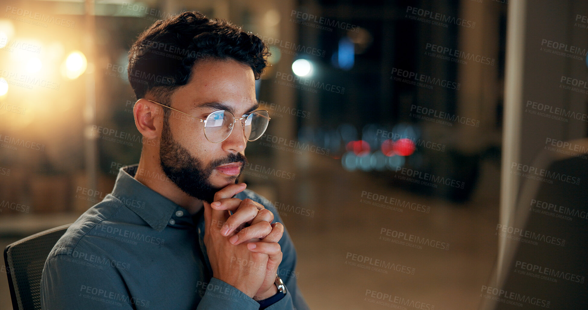 Buy stock photo Night, business and man in office, thinking and online reading with research for article. Person, evening and journalist in workplace, computer and email for proposal, decision and problem solving