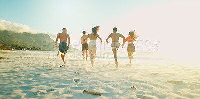 Buy stock photo Running, freedom and back of people by beach on tropical vacation, holiday or getaway together. Fun, travel and group of friends by ocean with activity, journey or adventure on seaside weekend trip.