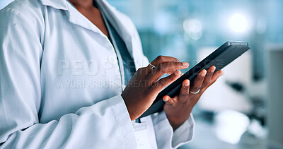 Buy stock photo Hands, biotech or woman in laboratory with tablet, update or gene editing medical experiment. Data scientist, innovation breakthrough or touchscreen with science report, test or DNA research results