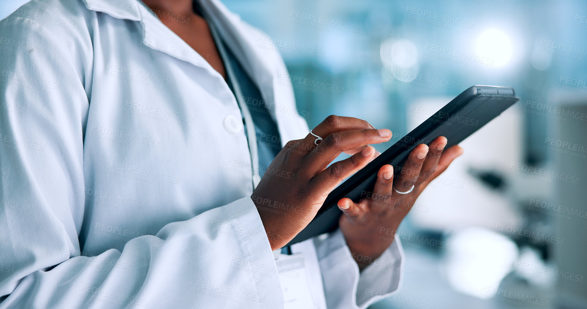 Buy stock photo Hands, biotech or woman in laboratory with tablet, update or gene editing medical experiment. Data scientist, innovation breakthrough or touchscreen with science report, test or DNA research results