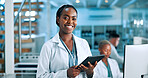 Science, portrait or happy woman in lab with tablet, solution or gene editing in medical experiment. Confident, biology innovation or proud scientist with health report, DNA test or research results
