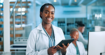 Buy stock photo Science, portrait or happy woman in lab with tablet, solution or gene editing in medical experiment. Confident, biology innovation or proud scientist with health report, DNA test or research results