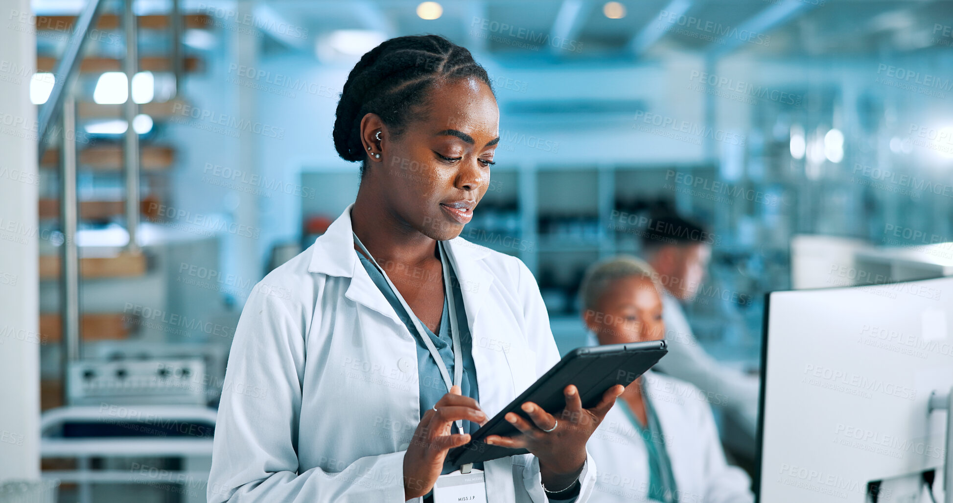 Buy stock photo Science, reading or woman in laboratory with tablet, update or gene editing medical experiment. Data scientist, innovation breakthrough or touchscreen with health report, DNA test or research results