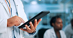Hands, medical or scientist in laboratory with tablet, update and gene editing in biotech experiment. Person, innovation breakthrough or touchscreen with science report, test or DNA research results