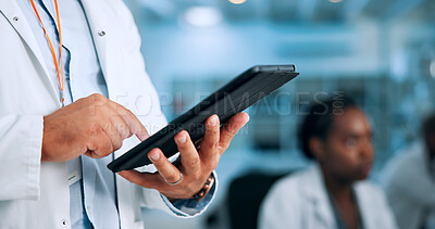 Buy stock photo Hands, medical or scientist in laboratory with tablet, update and gene editing in biotech experiment. Person, innovation breakthrough or touchscreen with science report, test or DNA research results