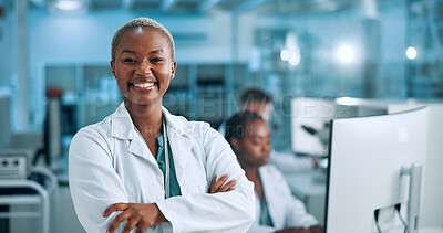 Buy stock photo Laboratory, woman and portrait with about us for arms crossed, medical research and smile with pride. Healthcare, female person and scientist with confidence for science or pharmaceutical development