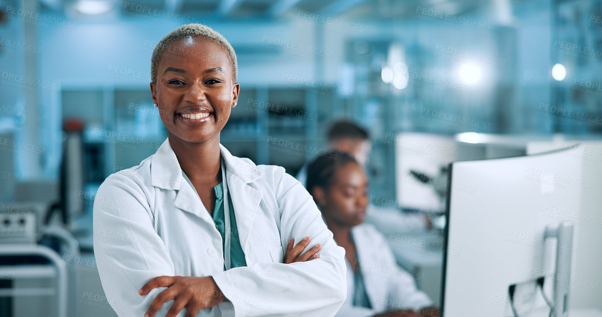 Buy stock photo Laboratory, woman and portrait with about us for arms crossed, medical research and smile with pride. Healthcare, female person and scientist with confidence for science or pharmaceutical development